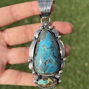 Navajo Native American Sterling Silver Blue Turquoise Pendant R Yazzie Gift